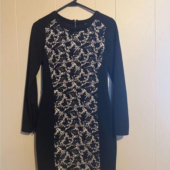 CLUB MONACO Wom Sz‎ 2 Ashton Dress Ponte Knit Black Exposed Zip Leaf Print Black - Picture 3 of 8